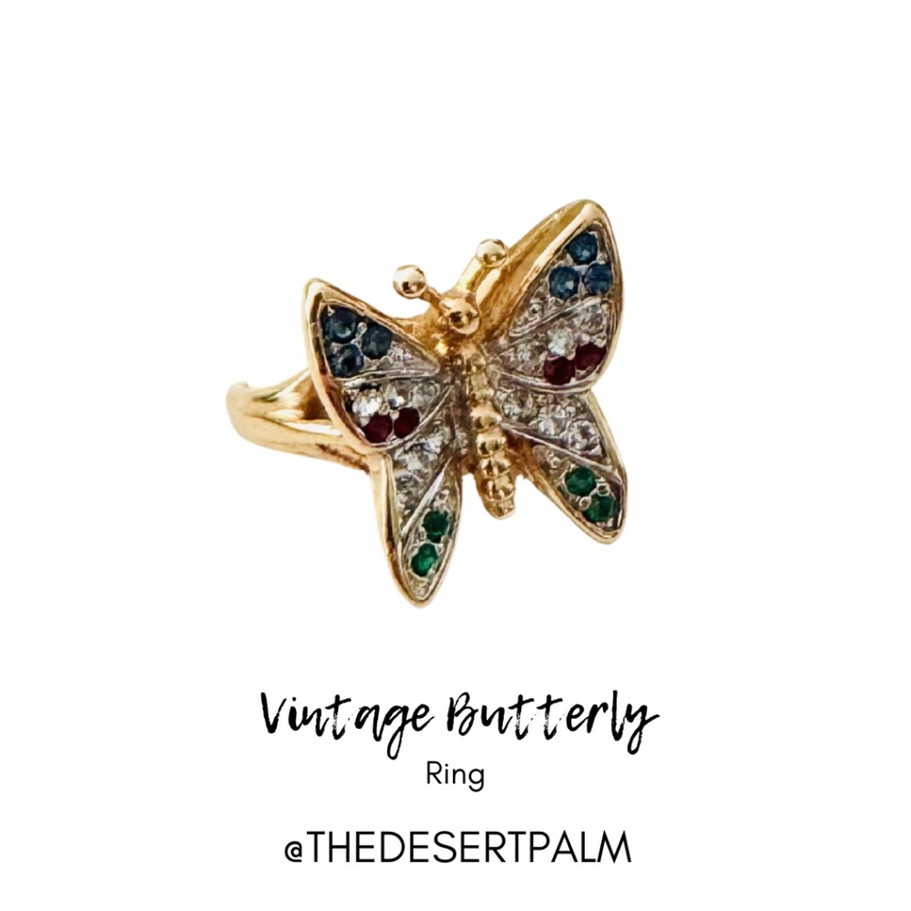 Vintage Style Butterfly Ring 🦋 | Gold Tone Multicolor Crystal Statement Ring